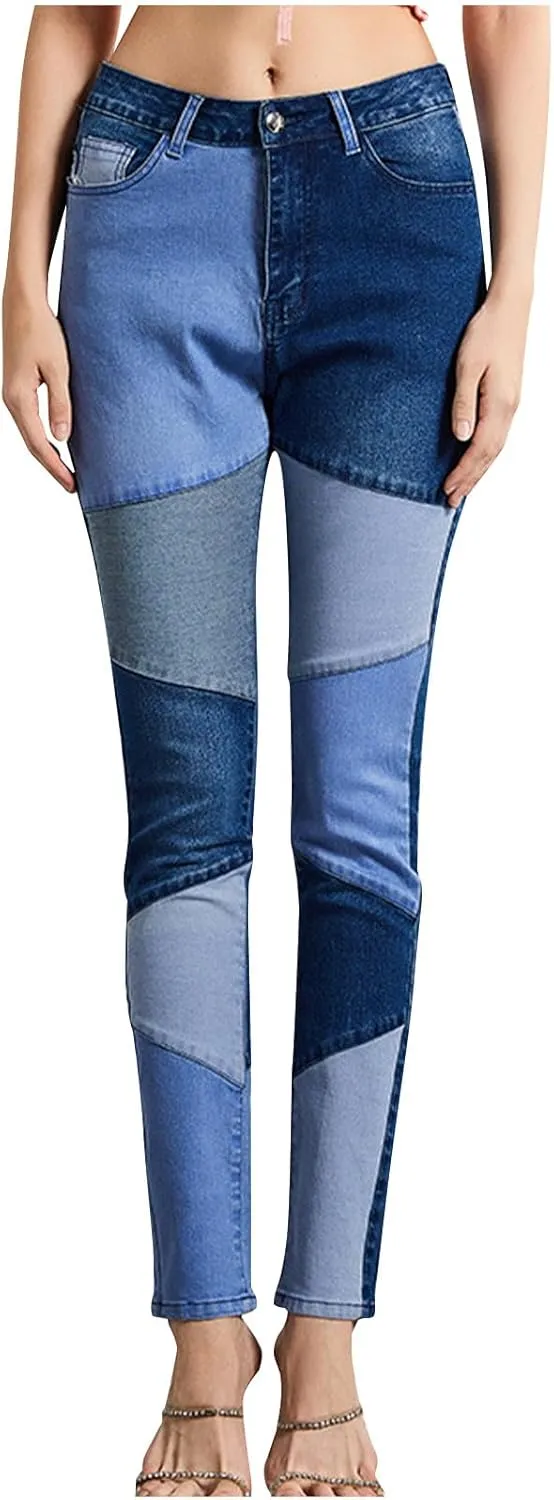 Stretchy Jeans for Women High Waist Skinny Color Block Denim Pants Trendy Patchwork Slim Jeans Casual Tight Jeans