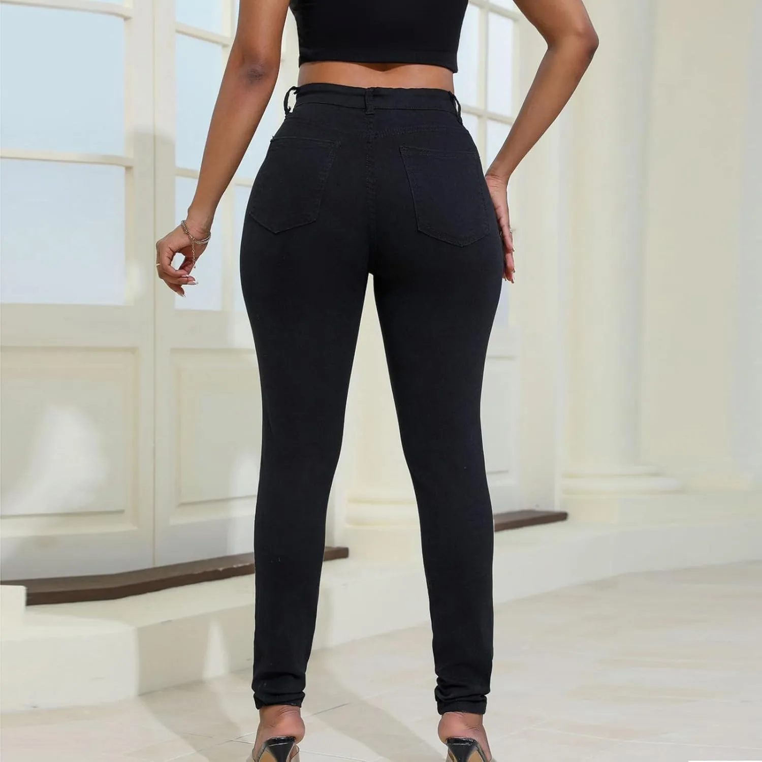 Stretchy Jeans for Women Trendy High Waisted Straight Leg Jeans Slim Fit Button Zipper Long Jeans Pants