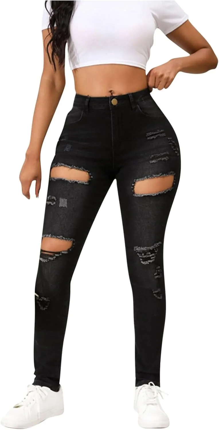 Stretchy Jeans for Women Trendy High Waisted Straight Leg Jeans Slim Fit Button Zipper Long Jeans Pants