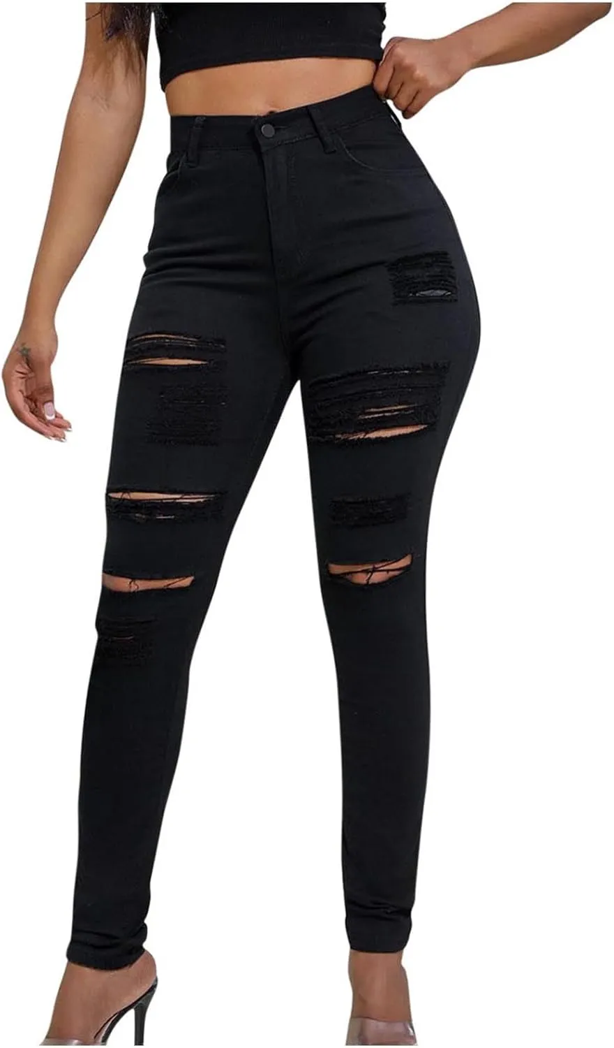 Stretchy Jeans for Women Trendy High Waisted Straight Leg Jeans Slim Fit Button Zipper Long Jeans Pants