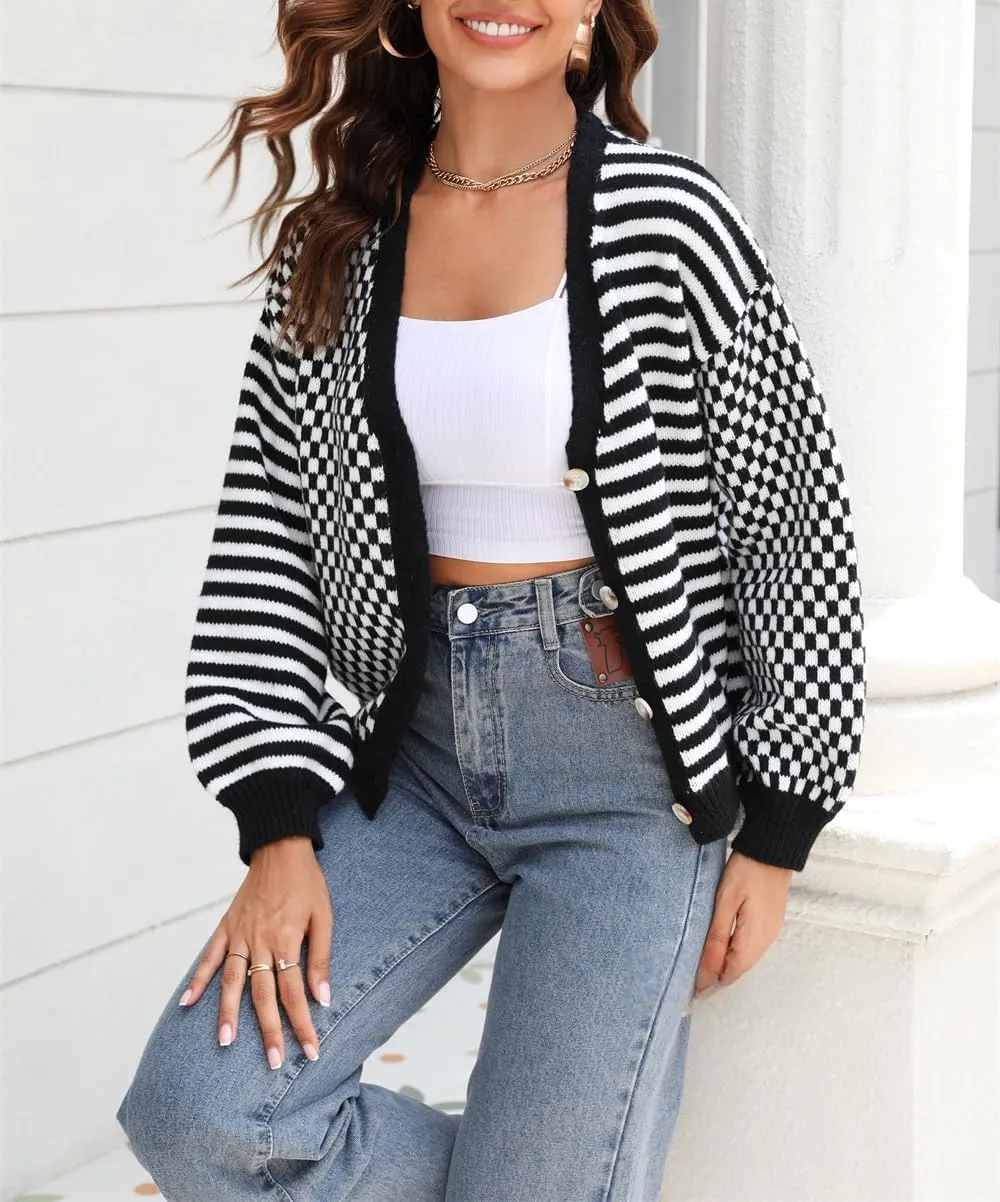 Striped Cardigan Sweaters for Women Cropped Long Sleeve Fall Chunky Knit Sweaters