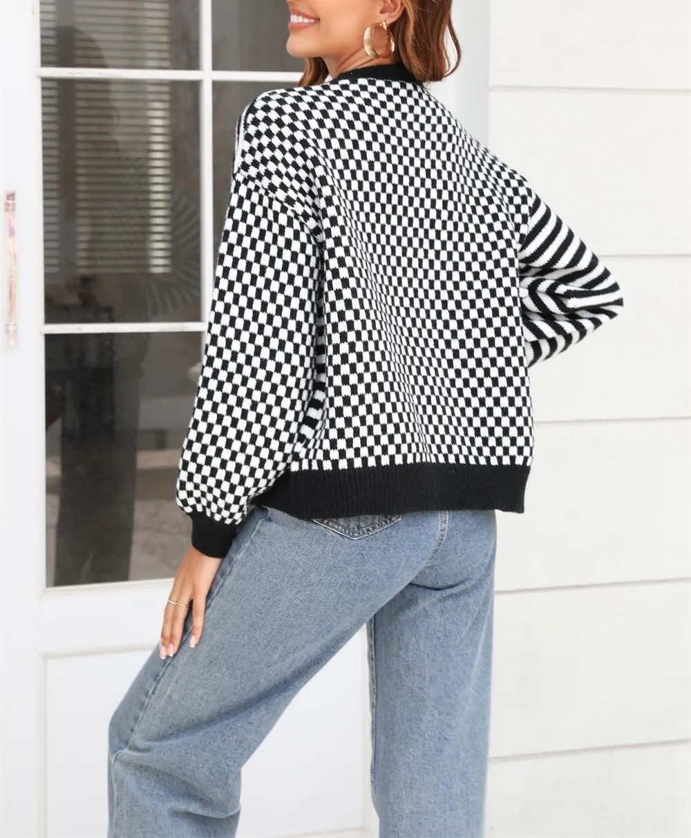 Striped Cardigan Sweaters for Women Cropped Long Sleeve Fall Chunky Knit Sweaters