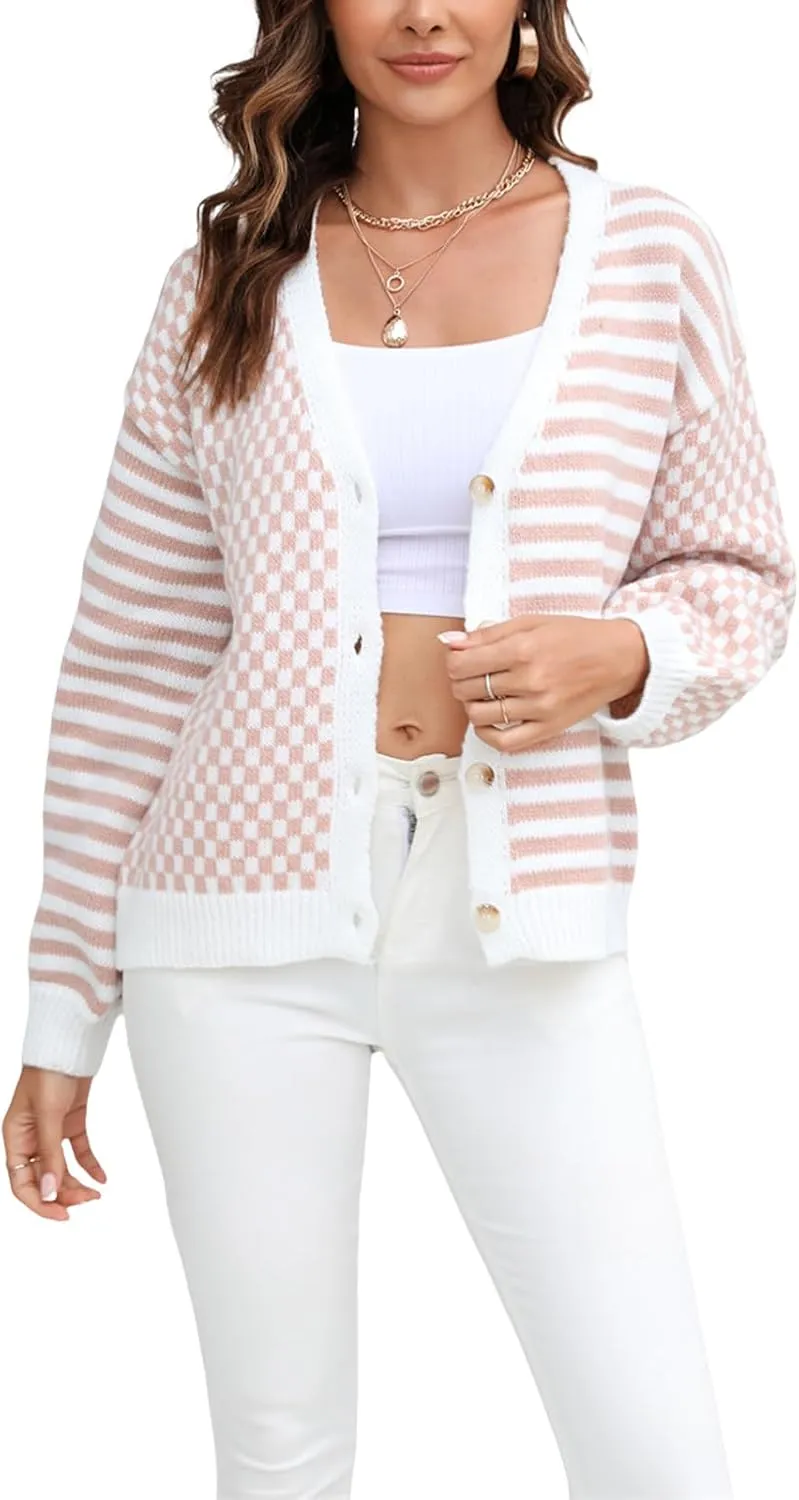 Striped Cardigan Sweaters for Women Cropped Long Sleeve Fall Chunky Knit Sweaters