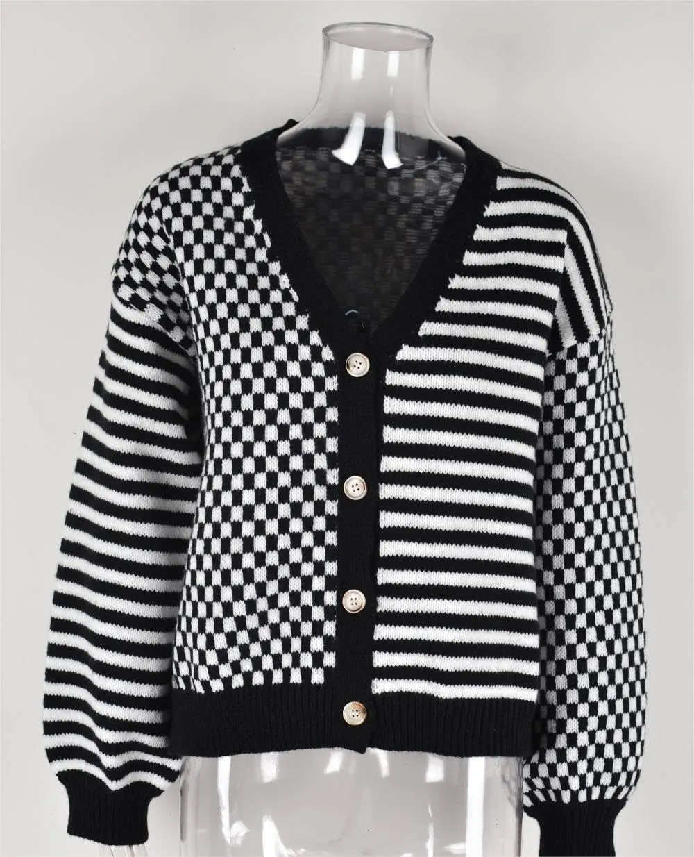Striped Cardigan Sweaters for Women Cropped Long Sleeve Fall Chunky Knit Sweaters