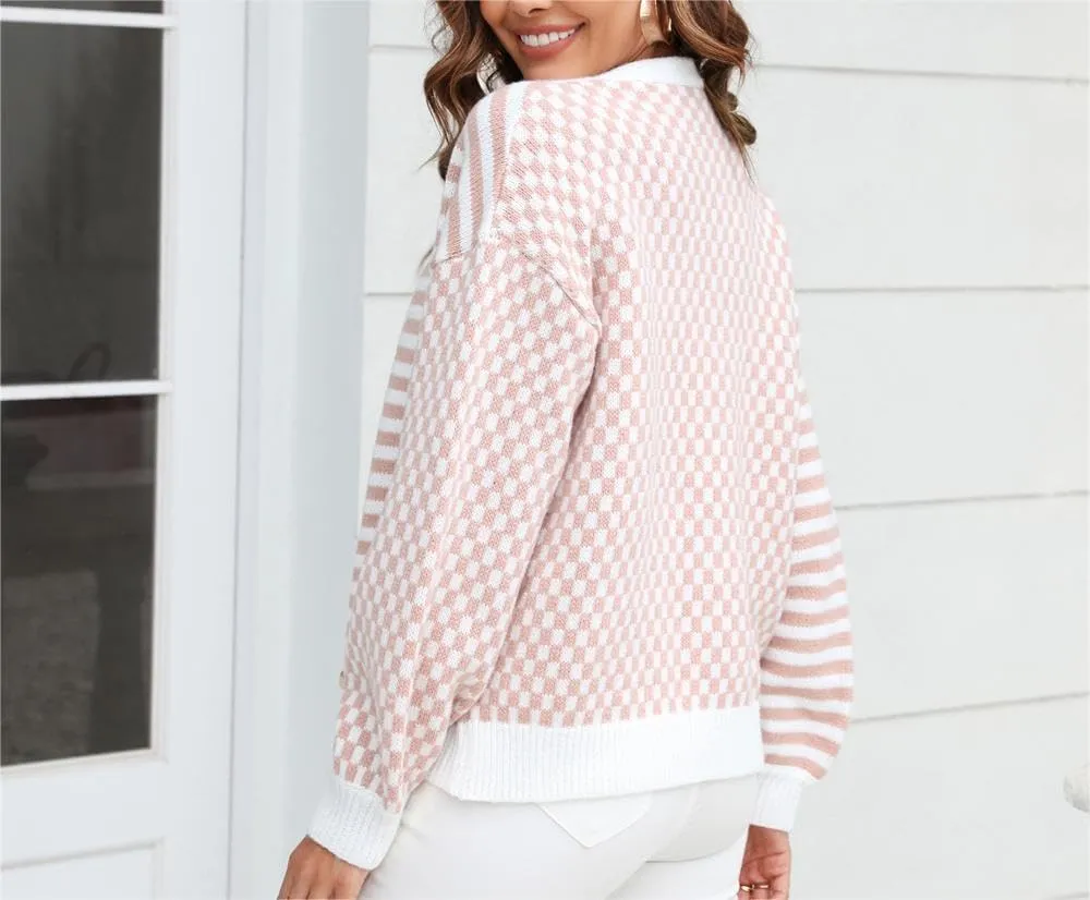 Striped Cardigan Sweaters for Women Cropped Long Sleeve Fall Chunky Knit Sweaters