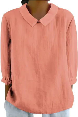 Summer Cotton Linen Gauze Shirts Comfy Shift Breathable Lounge Top Loose Fit 3/4 Sleeve Lapel T Shirt Plain Blouse