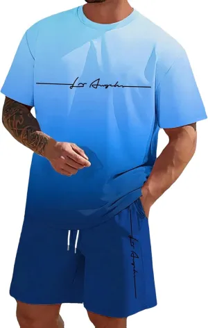 Summer Outfits for Men Round Neck Short Sleeve Letter Print 2 Piece Short Set Casual Baggy Vacation Outfits, S