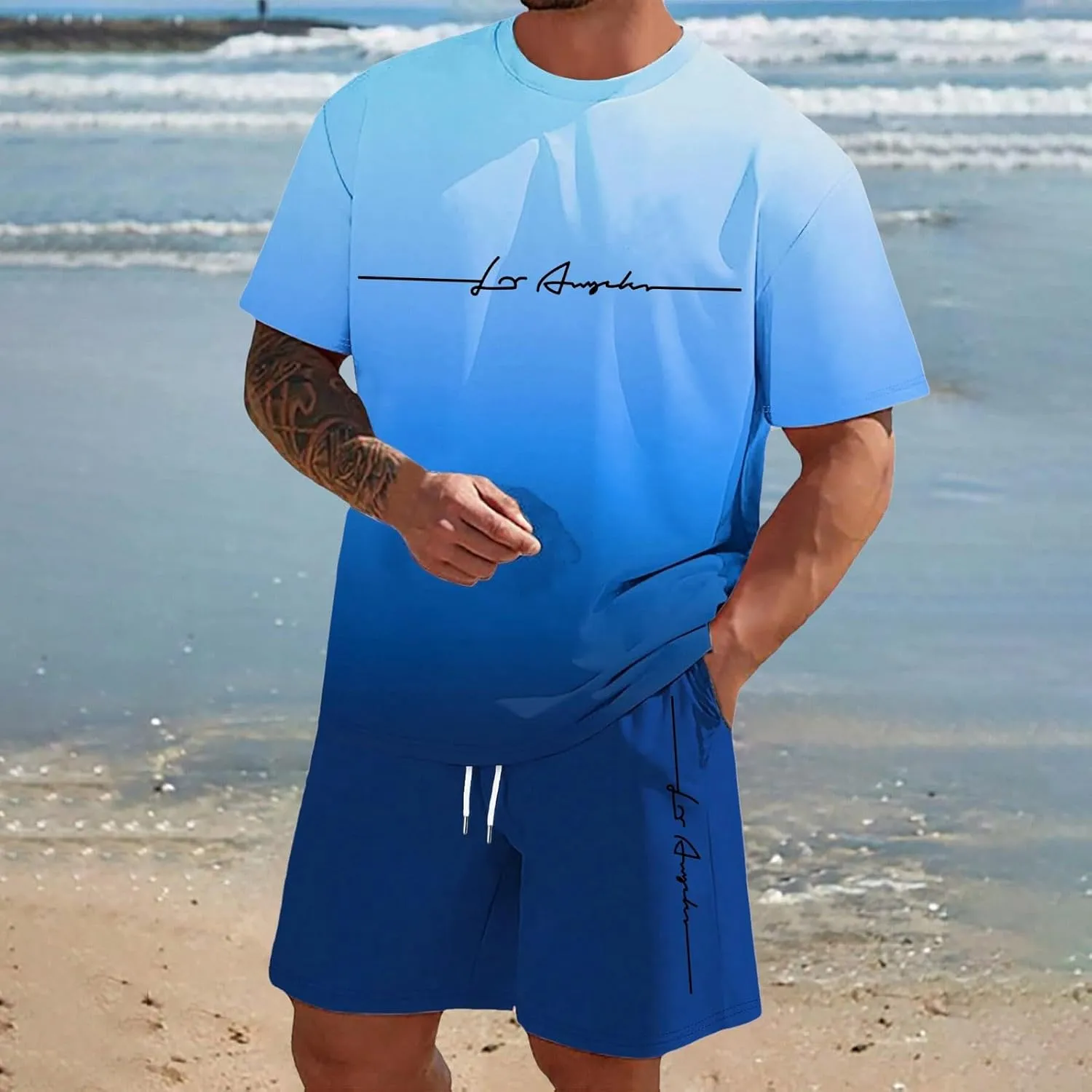 Summer Outfits for Men Round Neck Short Sleeve Letter Print 2 Piece Short Set Casual Baggy Vacation Outfits, S