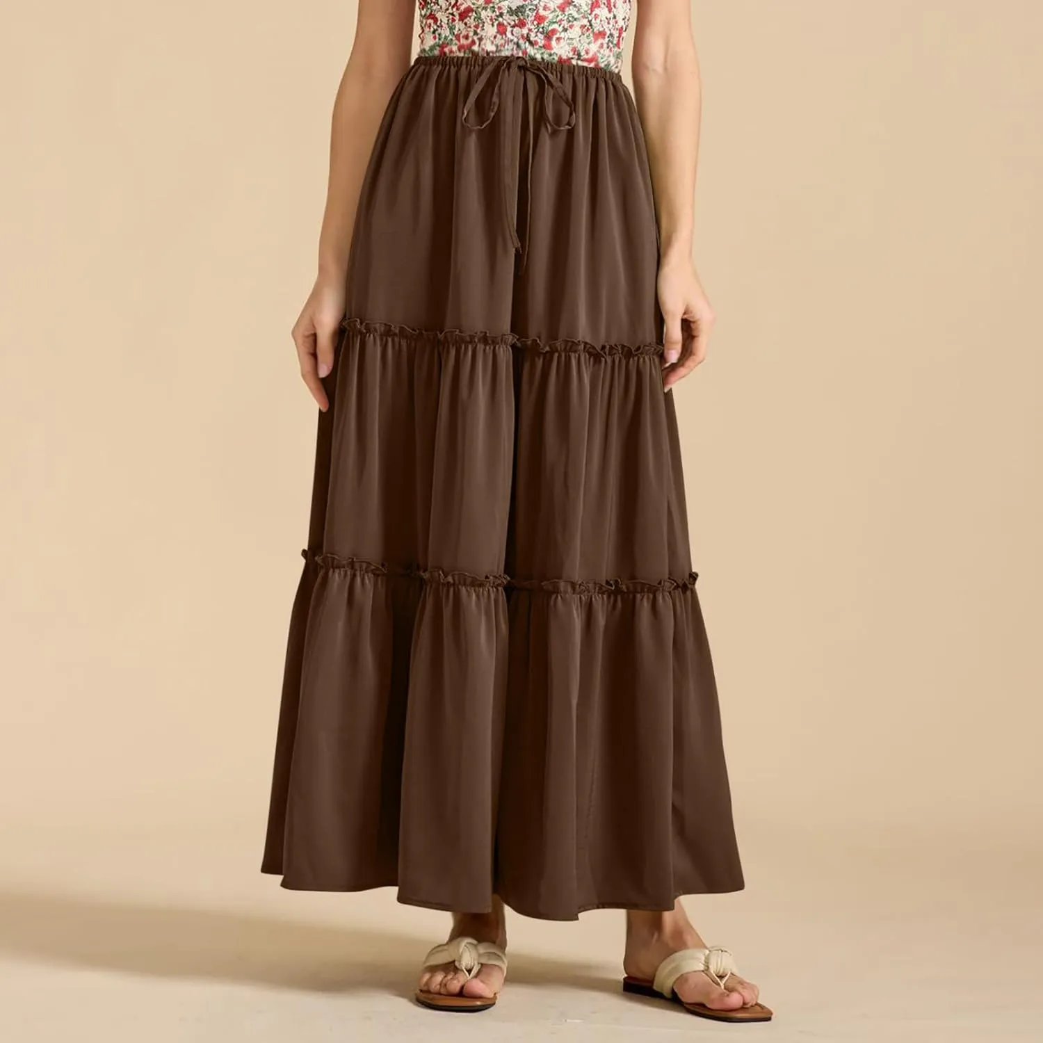 Summer Skirts for Women Elegant Smocked Layered Tiered Maxi Skirt Flowy High Waisted A Line Long Dress