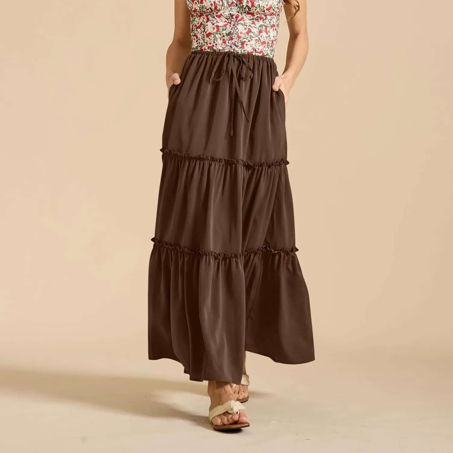 Summer Skirts for Women Elegant Smocked Layered Tiered Maxi Skirt Flowy High Waisted A Line Long Dress