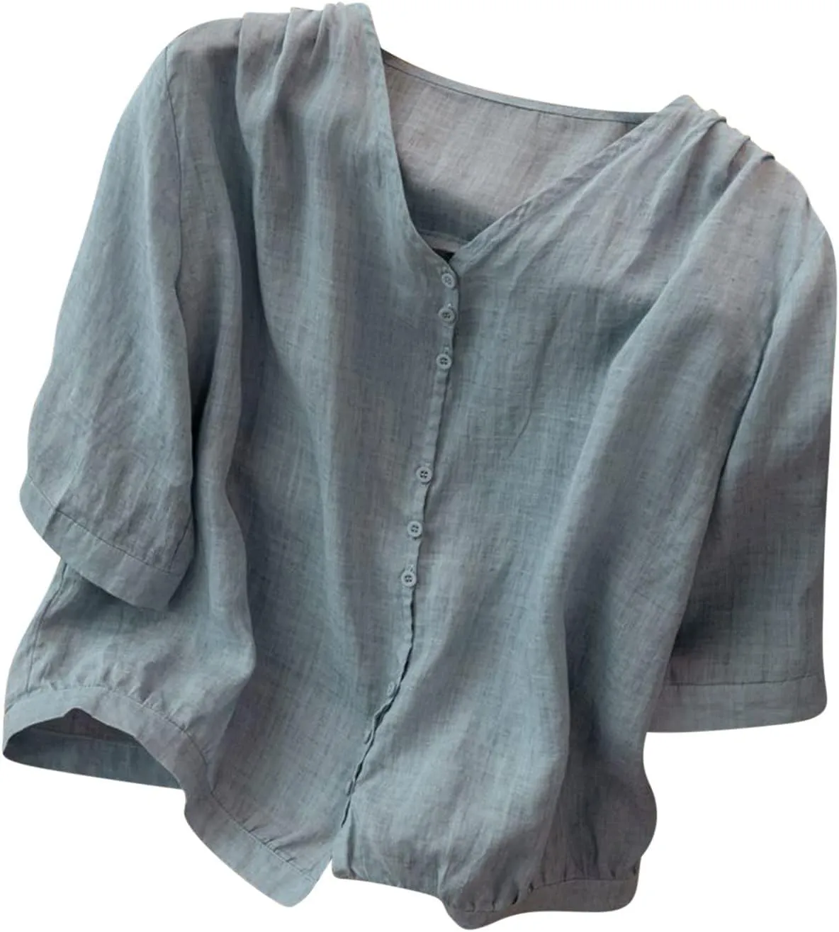 Summer Women Crop Sleeve Cotton Linen Tops 2024 Trendy Baggy T Shirt V-Neck Button-Down Shirts Casual Breathable Blouse