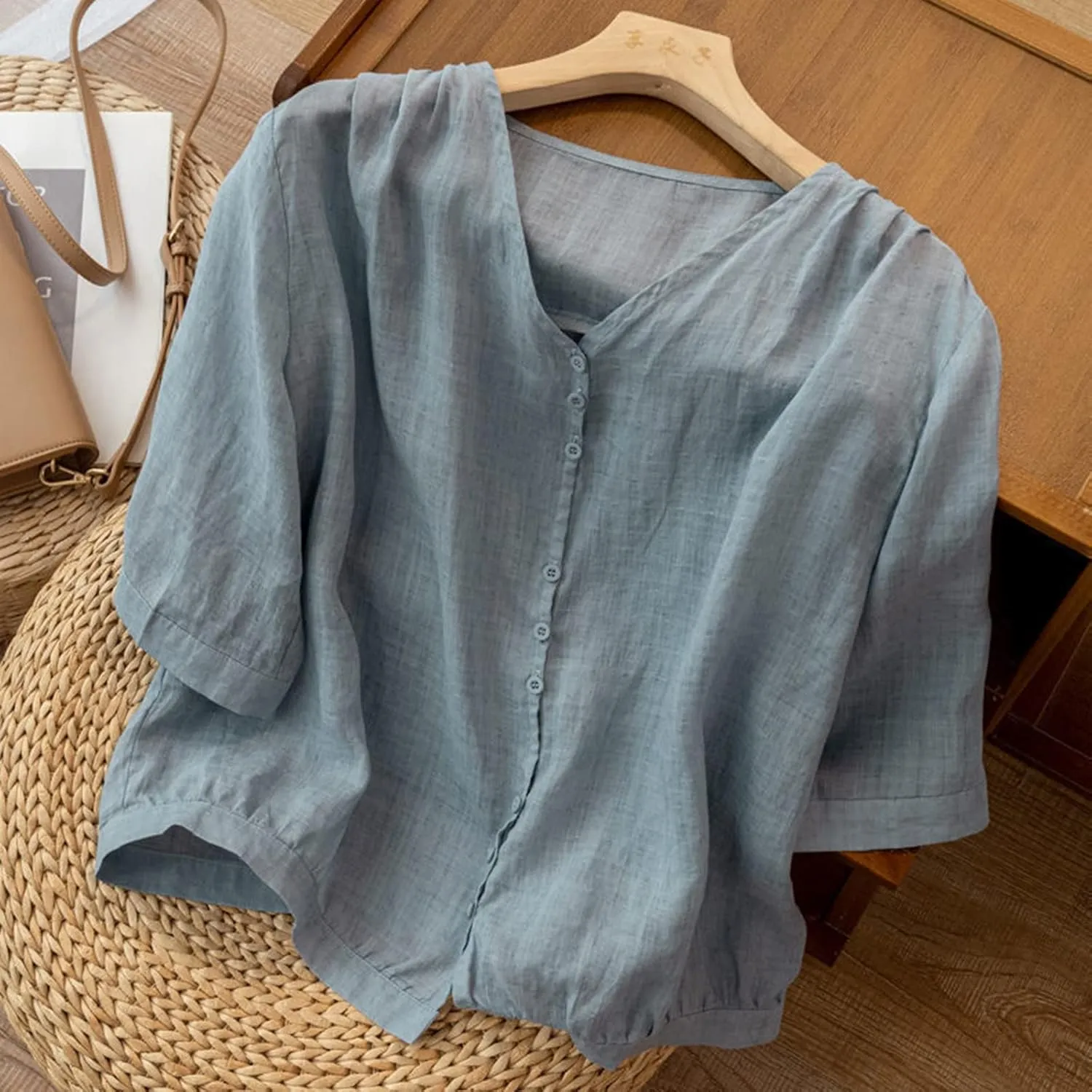 Summer Women Crop Sleeve Cotton Linen Tops 2024 Trendy Baggy T Shirt V-Neck Button-Down Shirts Casual Breathable Blouse