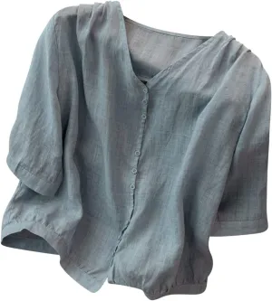 Summer Women Crop Sleeve Cotton Linen Tops 2024 Trendy Baggy T Shirt V-Neck Button-Down Shirts Casual Breathable Blouse