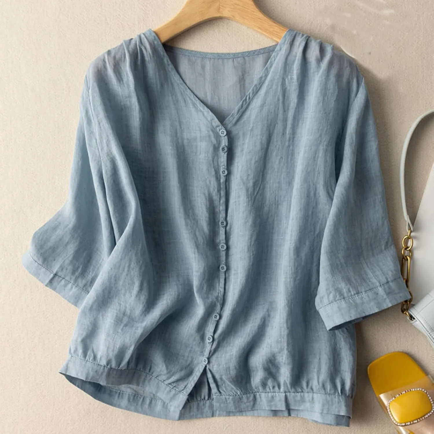 Summer Women Crop Sleeve Cotton Linen Tops 2024 Trendy Baggy T Shirt V-Neck Button-Down Shirts Casual Breathable Blouse