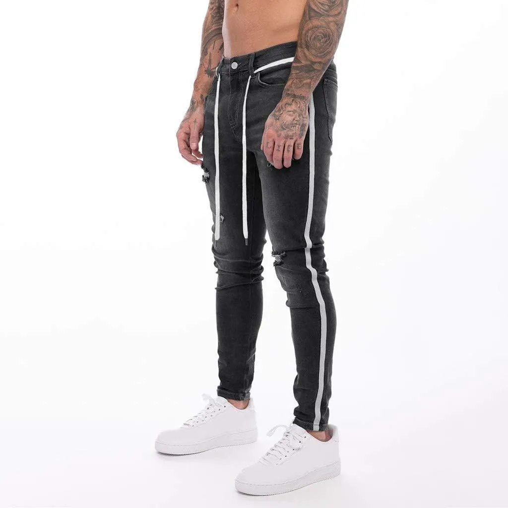 SUWBMHWE Mens Jeans Slim Fit,Mens Ripped Stretch Distressed Destroyed Jeans Skinny Jeans Side Striped Denim Pants