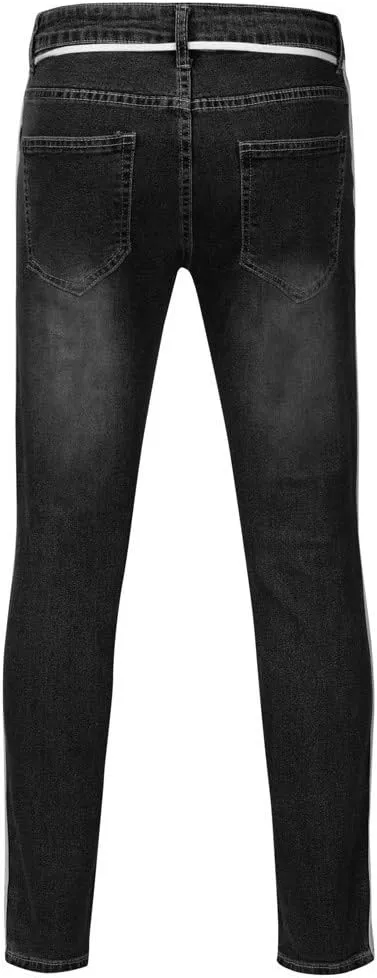 SUWBMHWE Mens Jeans Slim Fit,Mens Ripped Stretch Distressed Destroyed Jeans Skinny Jeans Side Striped Denim Pants