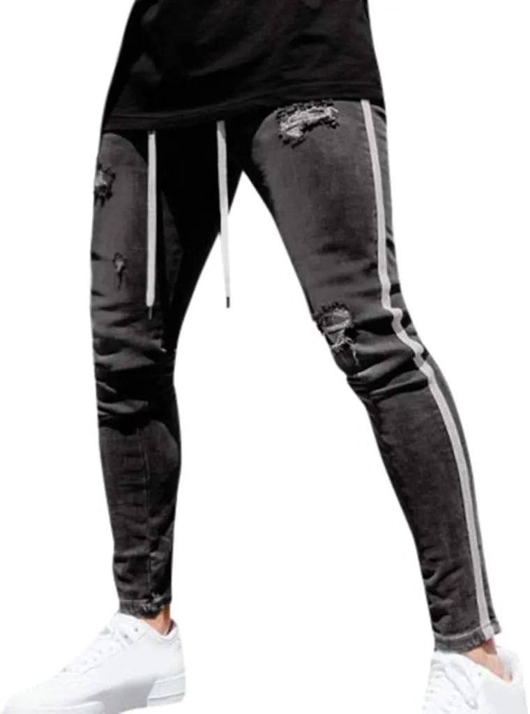 SUWBMHWE Mens Jeans Slim Fit,Mens Ripped Stretch Distressed Destroyed Jeans Skinny Jeans Side Striped Denim Pants