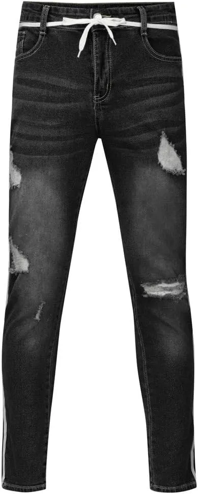 SUWBMHWE Mens Jeans Slim Fit,Mens Ripped Stretch Distressed Destroyed Jeans Skinny Jeans Side Striped Denim Pants