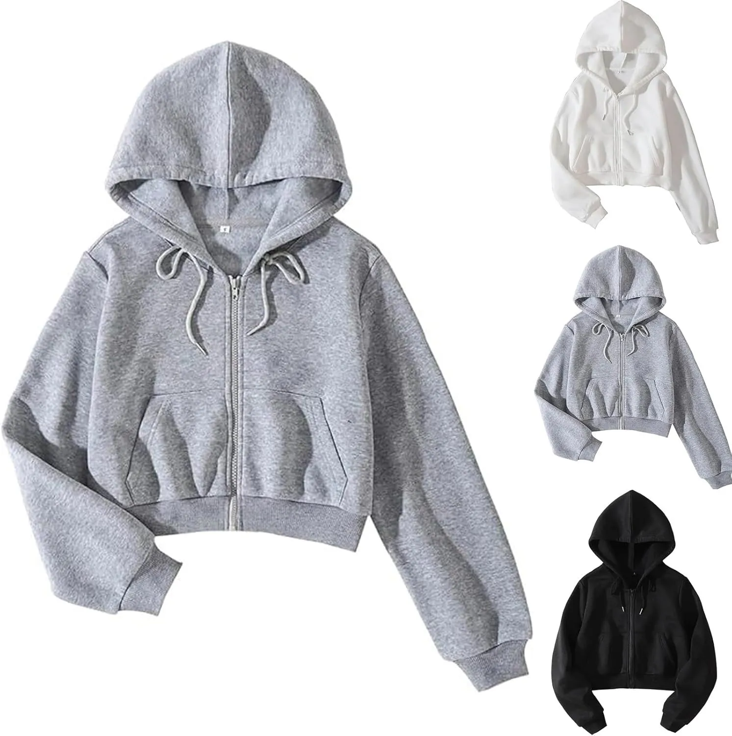 Sweat Shirt Women's Cropped Zipper Fashion Hoodies Full Zip up Sweatshirts Long Sleeve Drawstring Plain Hoodies