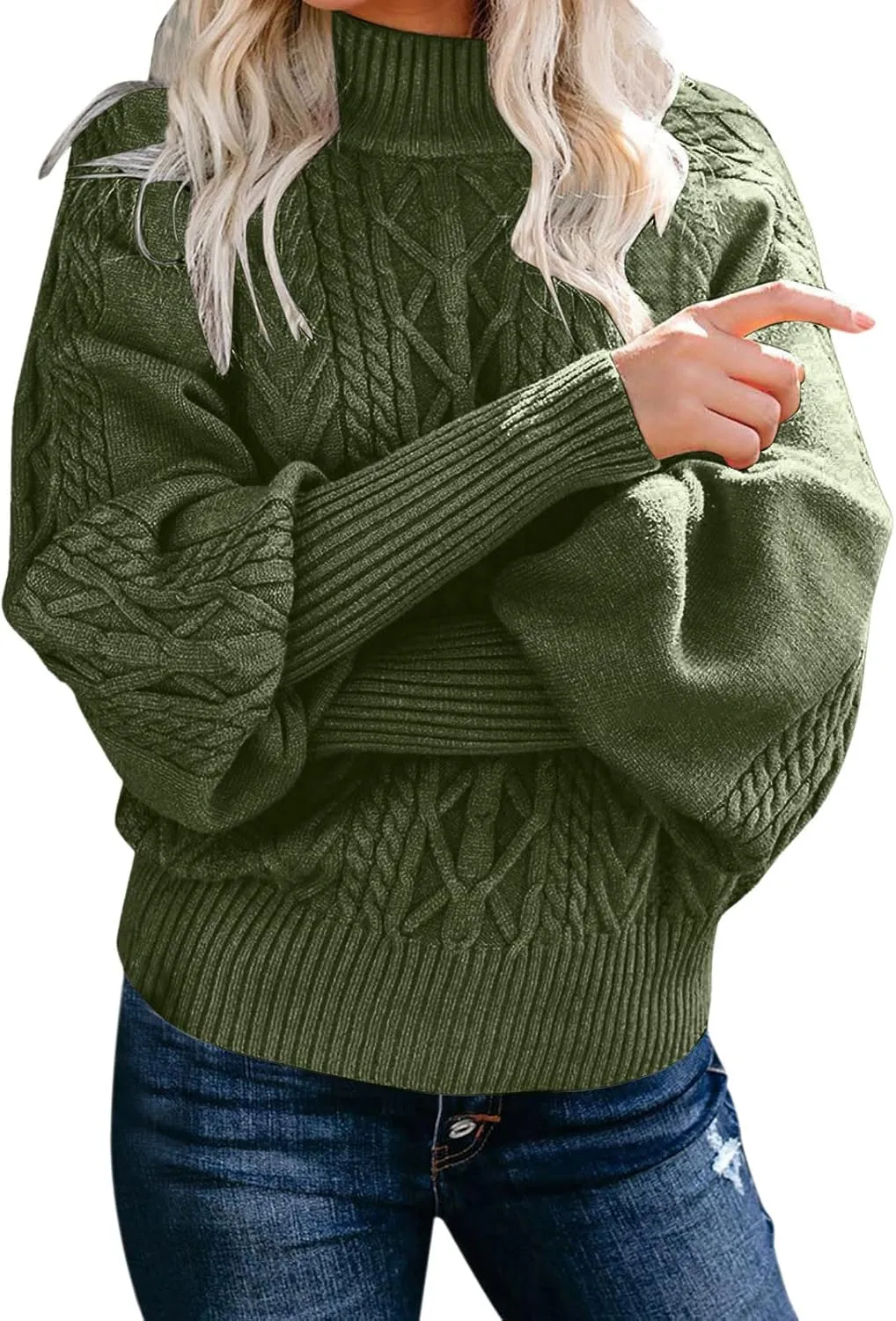 Sweaters for Women Mock Turtleneck Solid Cable Knitted Trendy Lantern Sleeve Warm Comfort Pullover Sweaters Tops