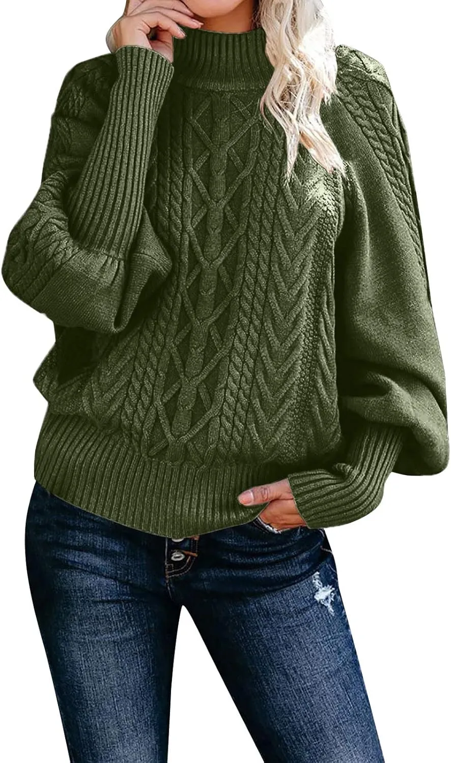 Sweaters for Women Mock Turtleneck Solid Cable Knitted Trendy Lantern Sleeve Warm Comfort Pullover Sweaters Tops