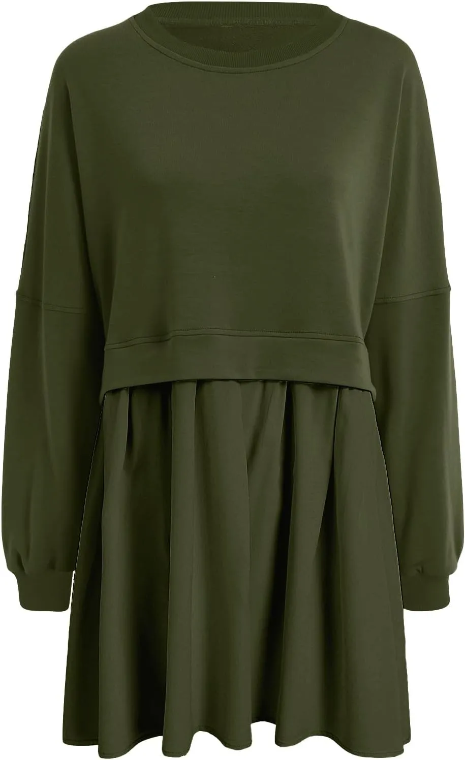 Sweatshirt Dress Women Oversized Patchwork Crewneck Long Sleeve Pullover Tops Fall Casual Flowy Pleated Sweatshirt Mini Dress