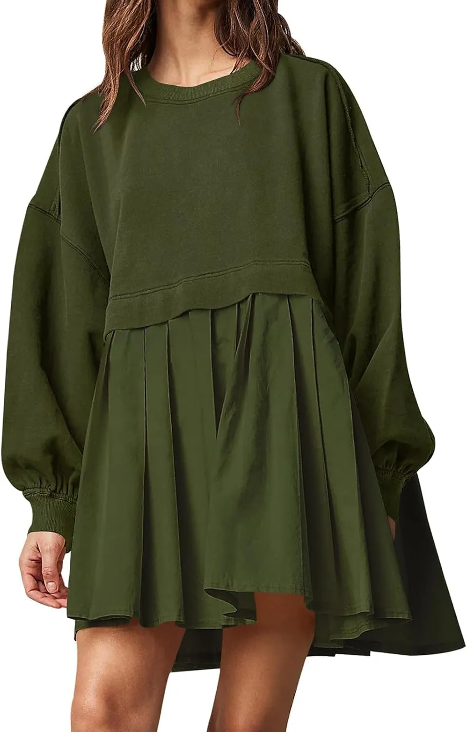 Sweatshirt Dress Women Oversized Patchwork Crewneck Long Sleeve Pullover Tops Fall Casual Flowy Pleated Sweatshirt Mini Dress