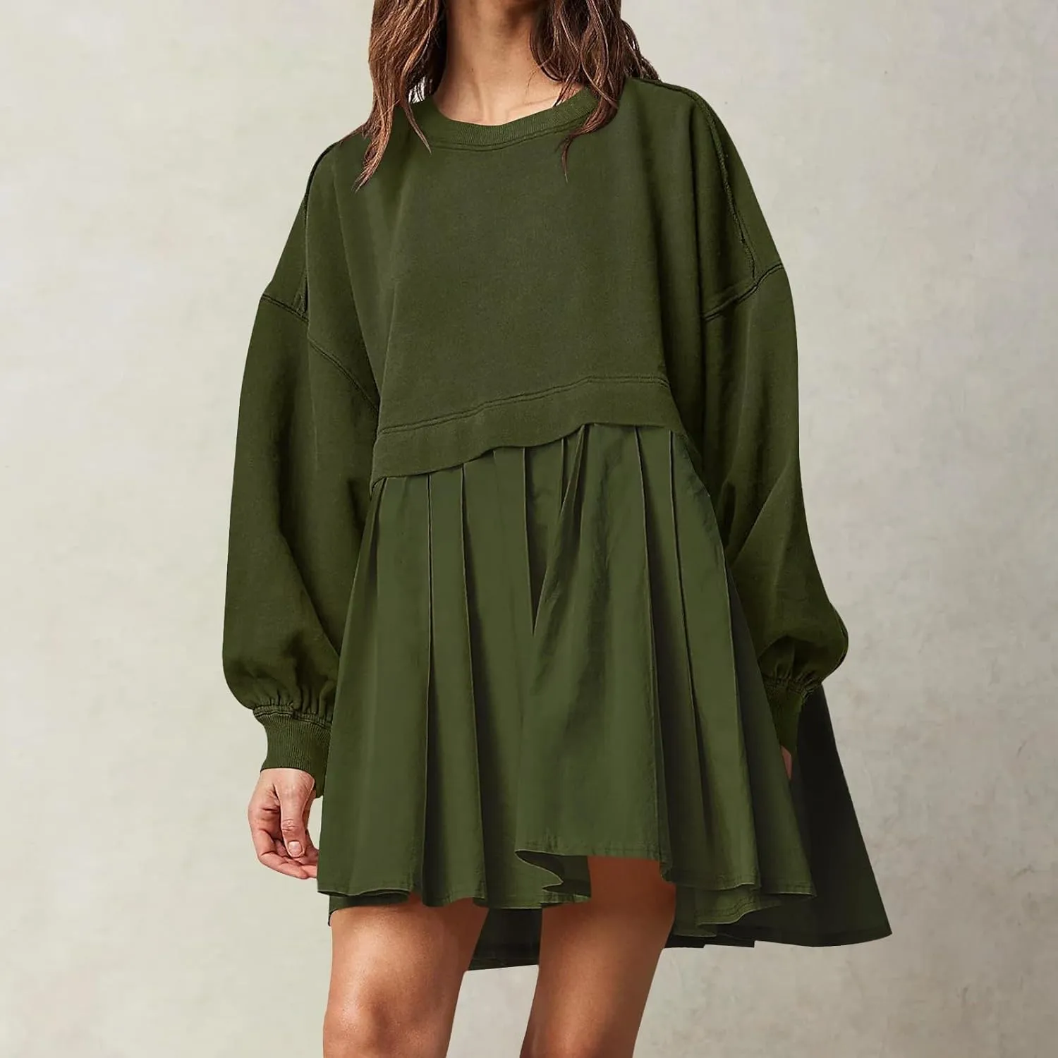 Sweatshirt Dress Women Oversized Patchwork Crewneck Long Sleeve Pullover Tops Fall Casual Flowy Pleated Sweatshirt Mini Dress