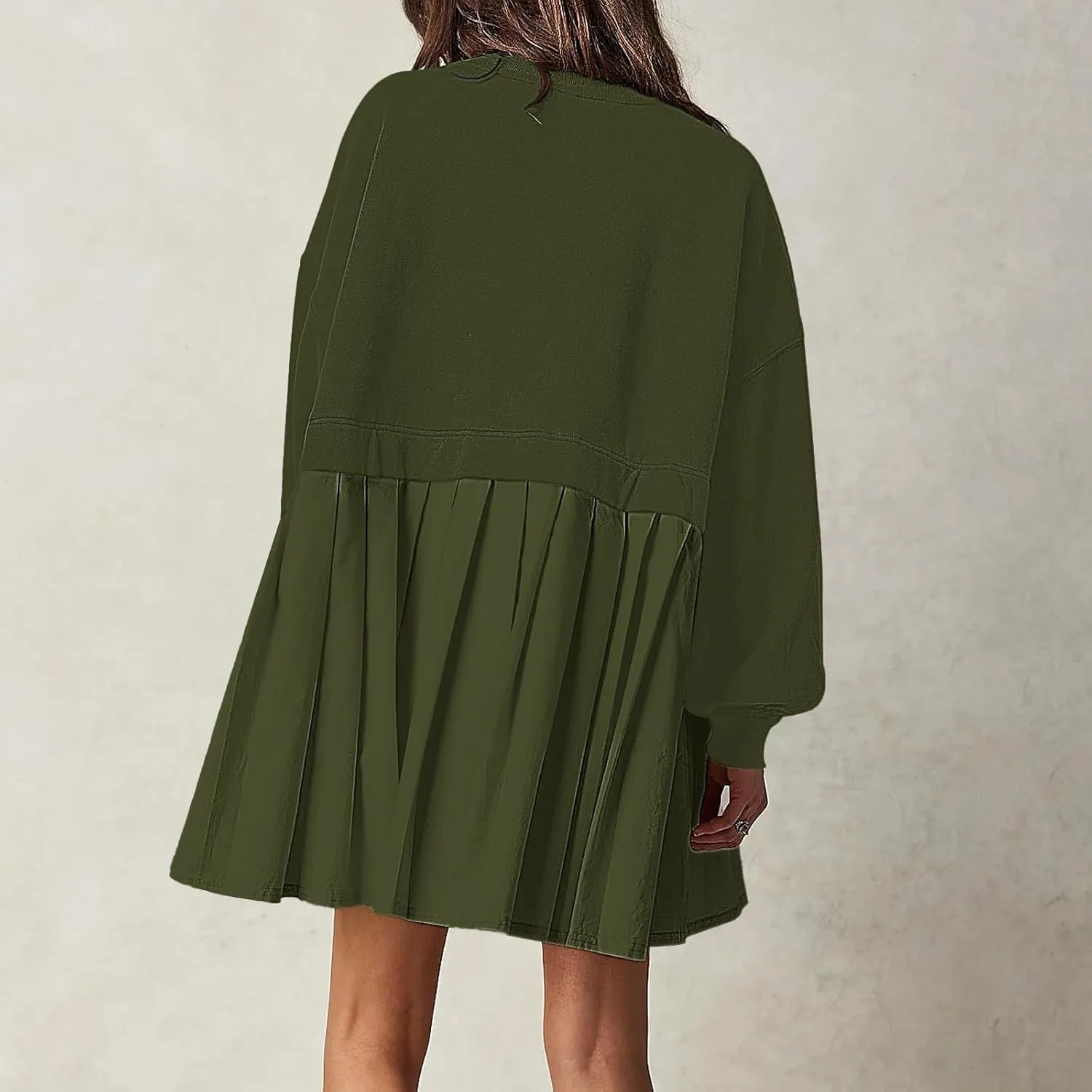 Sweatshirt Dress Women Oversized Patchwork Crewneck Long Sleeve Pullover Tops Fall Casual Flowy Pleated Sweatshirt Mini Dress