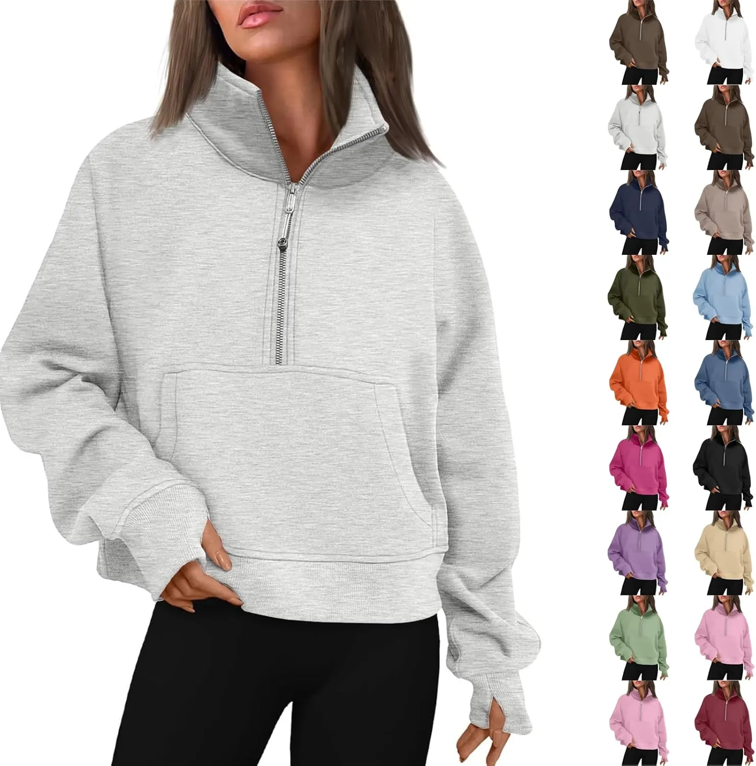 Sweatshirt for Women Half Zip Cropped Pullover Fleece Quarter Zipper Hoodies Fall Outfits Clothes Thumb Hole