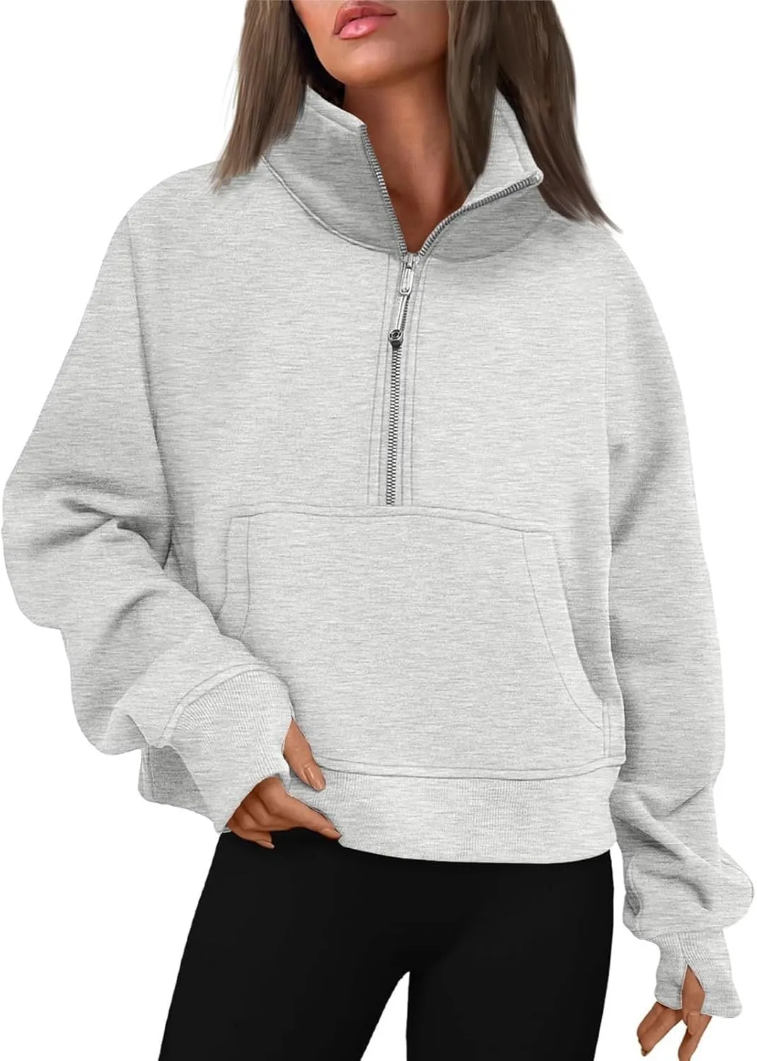 Sweatshirt for Women Half Zip Cropped Pullover Fleece Quarter Zipper Hoodies Fall Outfits Clothes Thumb Hole