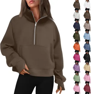 Sweatshirt for Women Half Zip Cropped Pullover Fleece Quarter Zipper Hoodies Fall Outfits Clothes Thumb Hole