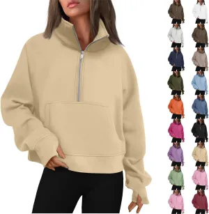 Sweatshirt for Women Half Zip Cropped Pullover Fleece Quarter Zipper Hoodies Fall Outfits Clothes Thumb Hole