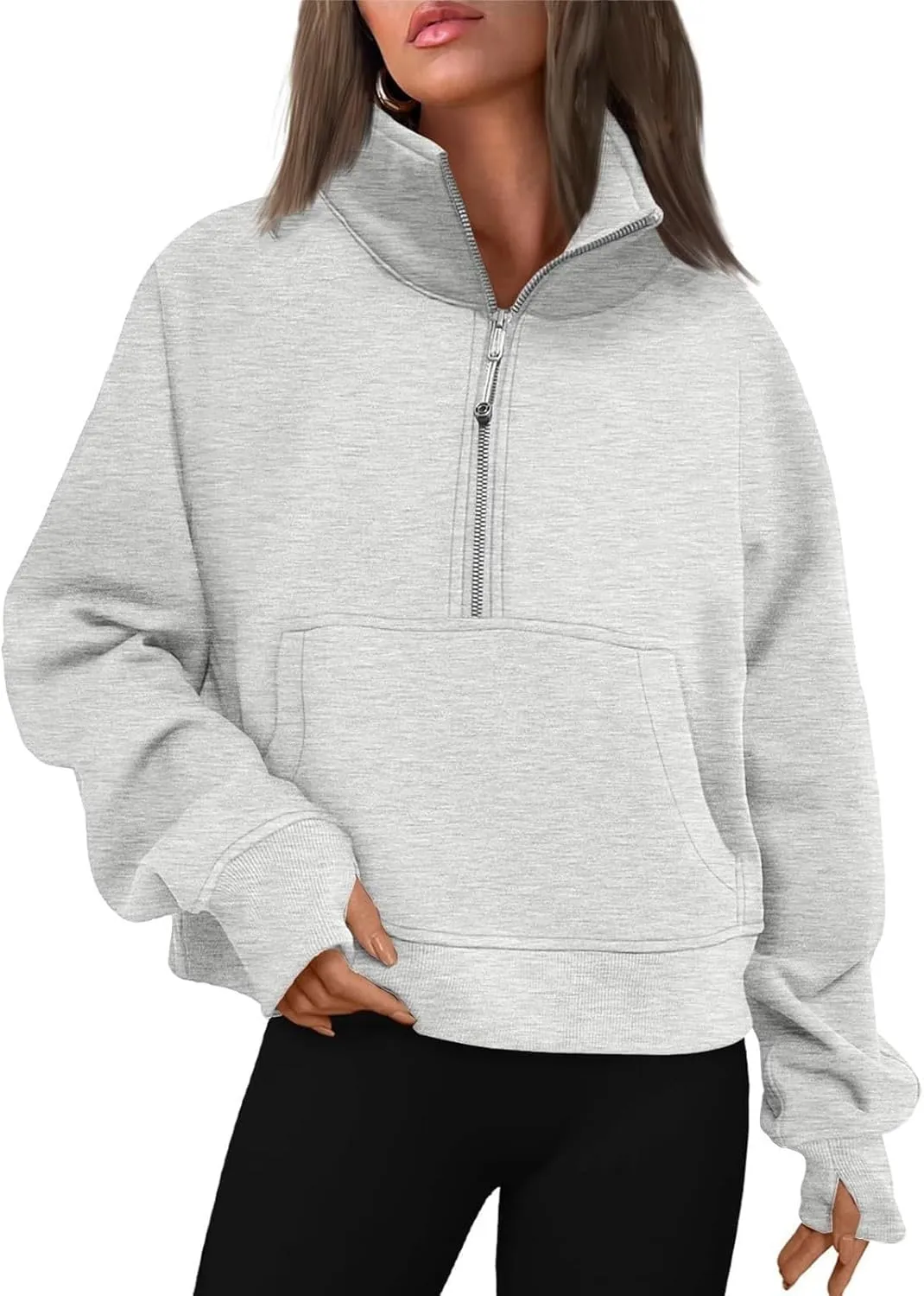 Sweatshirt for Women Half Zip Cropped Pullover Fleece Quarter Zipper Hoodies Fall Outfits Clothes Thumb Hole