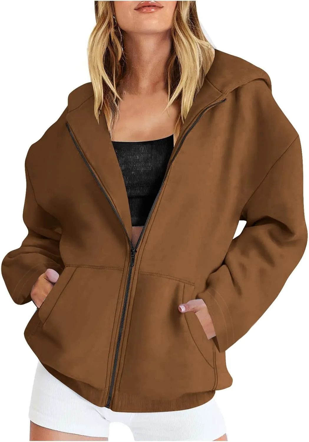 Sweatshirt Zipper Up for Women Solid Cropped 2024 Casual Trendy Loose Fit Sweater Long Sleeve Shirt with Side Pockets