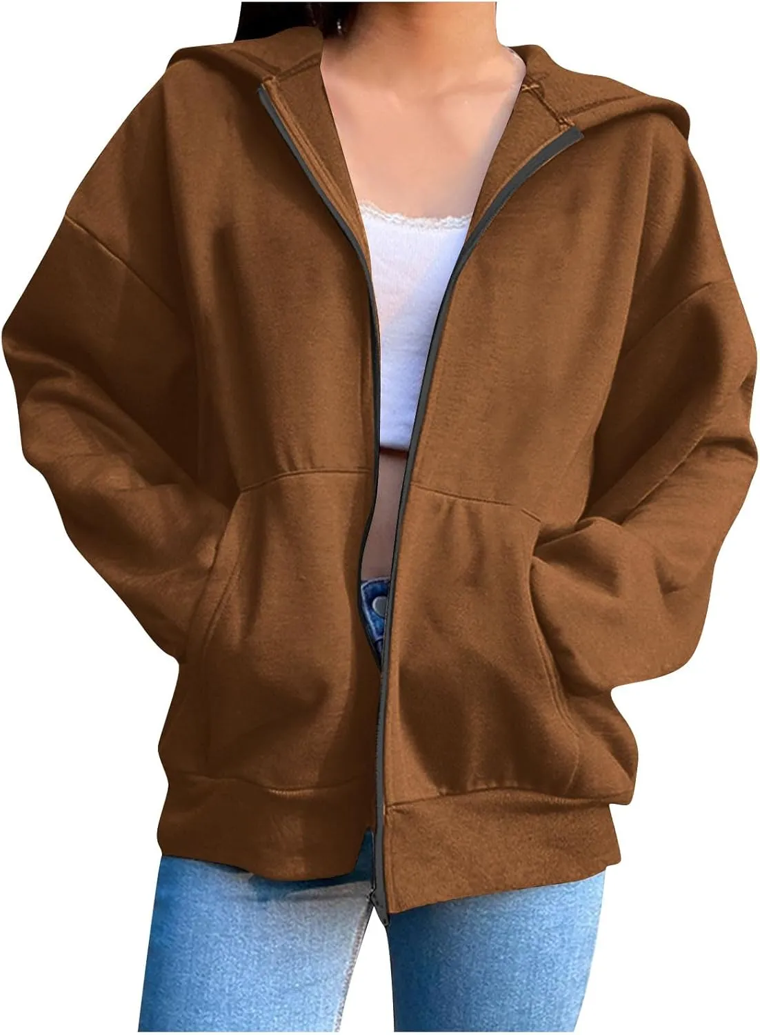 Sweatshirt Zipper Up for Women Solid Cropped 2024 Casual Trendy Loose Fit Sweater Long Sleeve Shirt with Side Pockets