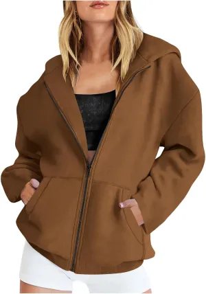 Sweatshirt Zipper Up for Women Solid Cropped 2024 Casual Trendy Loose Fit Sweater Long Sleeve Shirt with Side Pockets