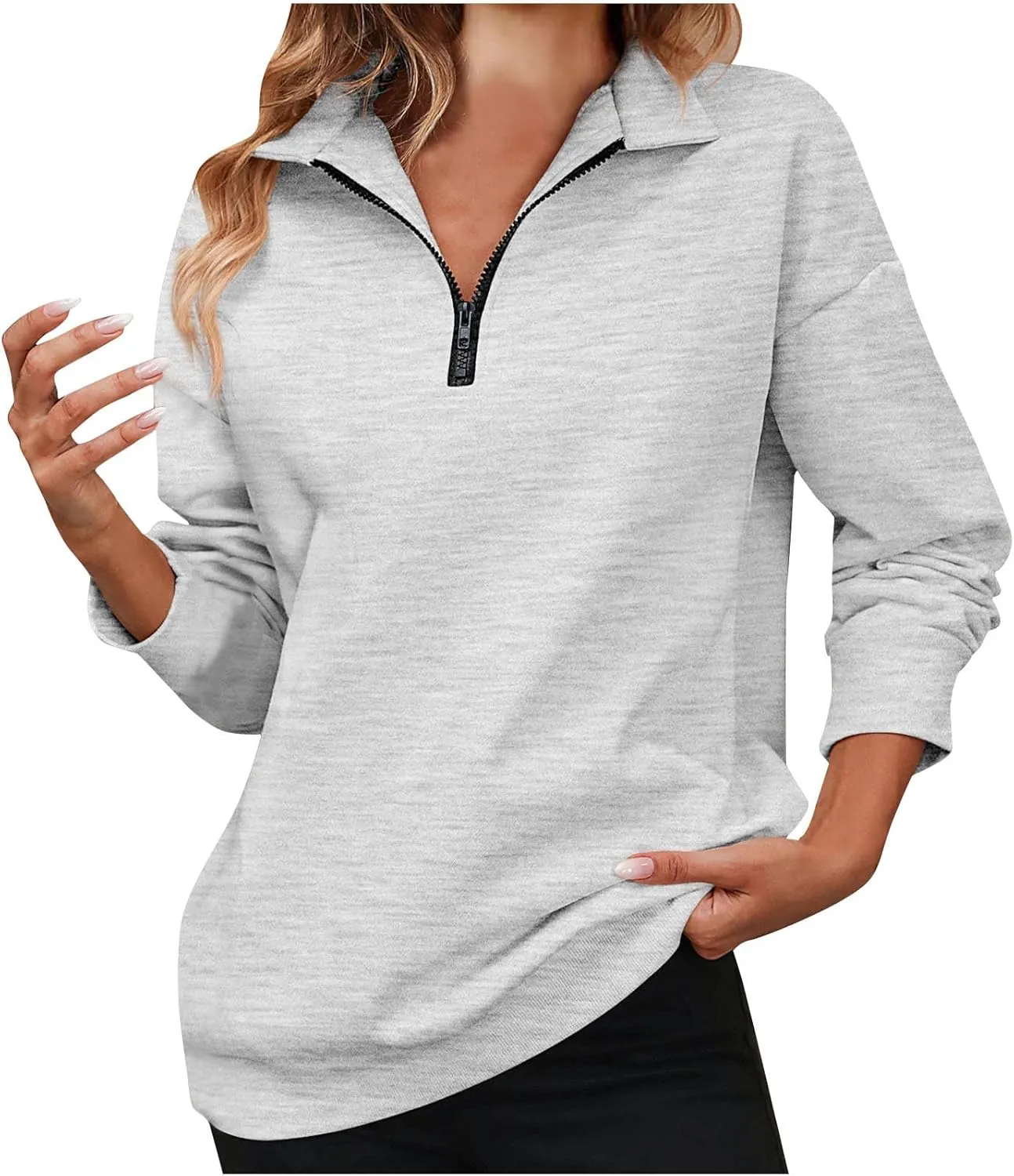 Sweatshirts for Women 2024 Fall Casual Loose Fit Long Sleeve V Neck Zipper Pullovers Solid Color Going Out Tops