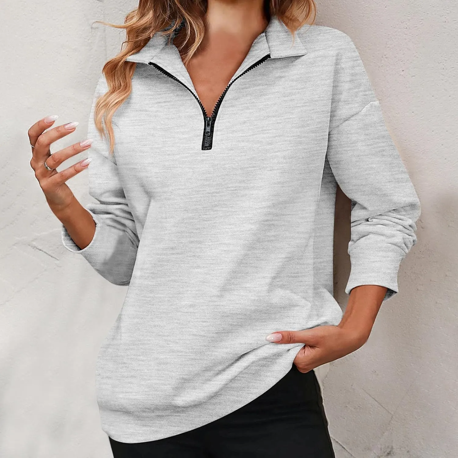 Sweatshirts for Women 2024 Fall Casual Loose Fit Long Sleeve V Neck Zipper Pullovers Solid Color Going Out Tops
