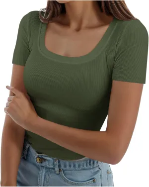 T Shirts for Women V Neck Slim Fit Crew Neck Slim Fit T Shirts 2025 Y2k Clothes Spring Summer Going Out Tops Short Sleeve