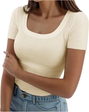 T Shirts for Women V Neck Slim Fit Crew Neck Slim Fit T Shirts 2025 Y2k Clothes Spring Summer Going Out Tops Short Sleeve