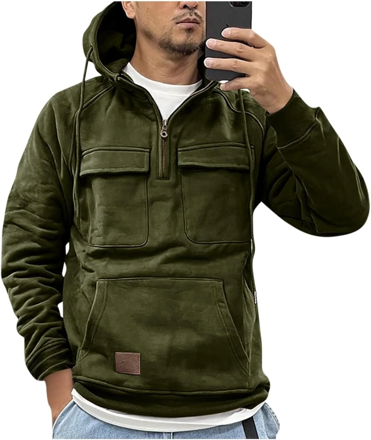 Tactical Hoodies for Men Long Sleeve Outdoor Sweatshirt Vintage Sweatshirt Solid Drawstring Hoodie with Pocket
