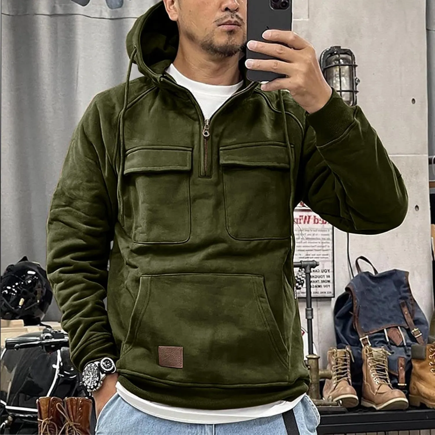 Tactical Hoodies for Men Long Sleeve Outdoor Sweatshirt Vintage Sweatshirt Solid Drawstring Hoodie with Pocket