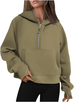 TANGNADE Hooded Sweatshirts Women Half Zip Cropped Fleece Pullover Quarter Zipper Thumb Hole Hoodies with Pockets
