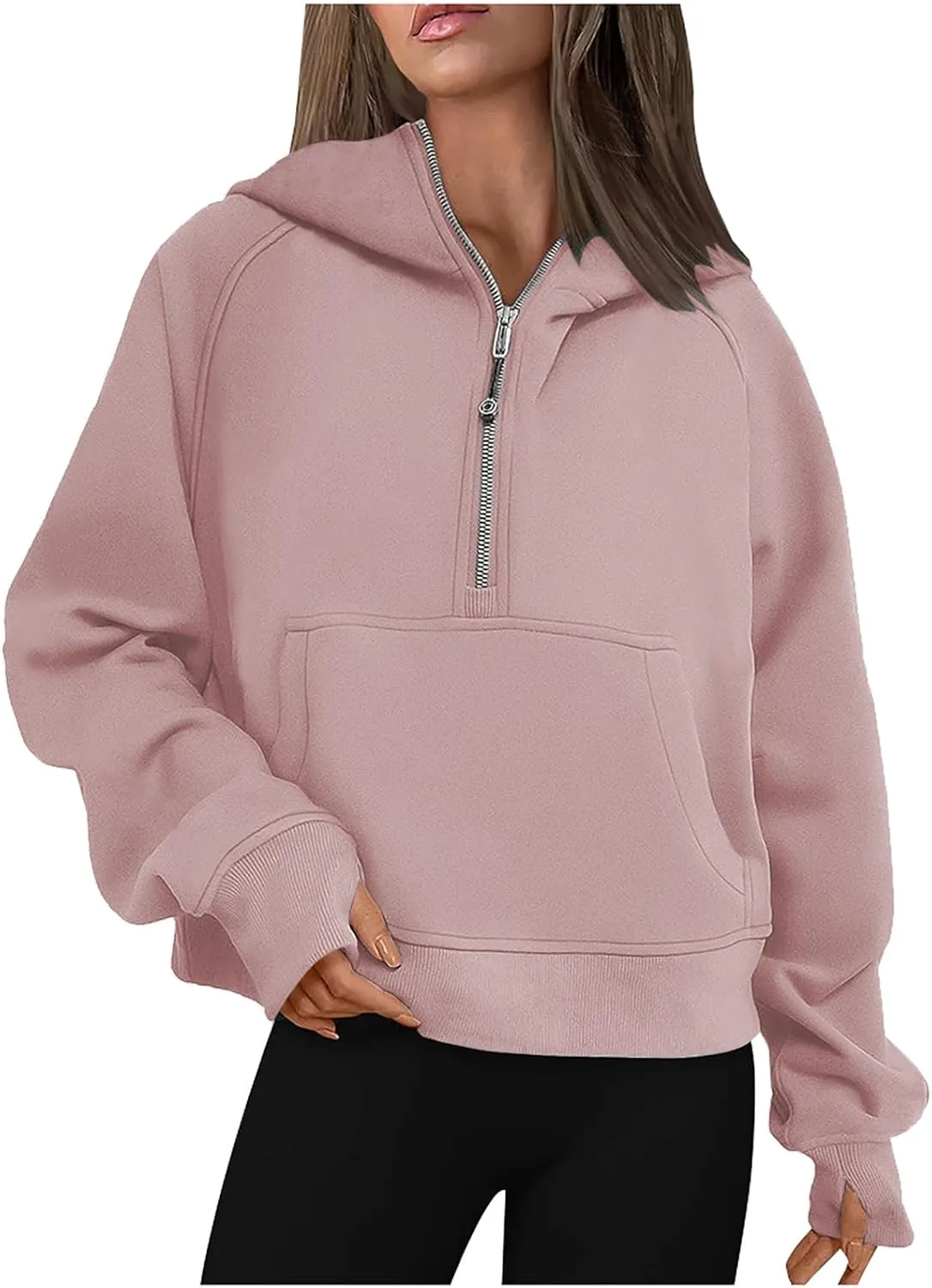 TANGNADE Hooded Sweatshirts Women Half Zip Cropped Fleece Pullover Quarter Zipper Thumb Hole Hoodies with Pockets