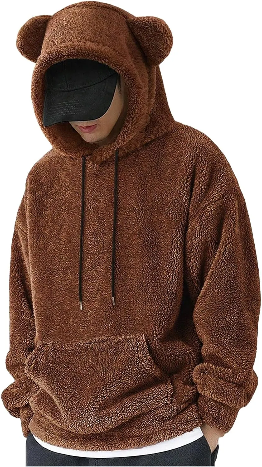 Thatrich Mens Fleece Sweatshirt Sherpa Hoodie with Cute Terry Bear Ears Oversized Long Sleeve Pullover Warm Winter Sweatshirt