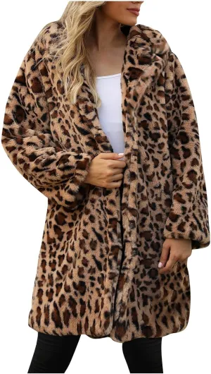 Trench Coats for Women Leopard Winter Teddy Fleece Jacket Wool Blend Blazer Long Lapel Thick Warm Peacoat Jackets