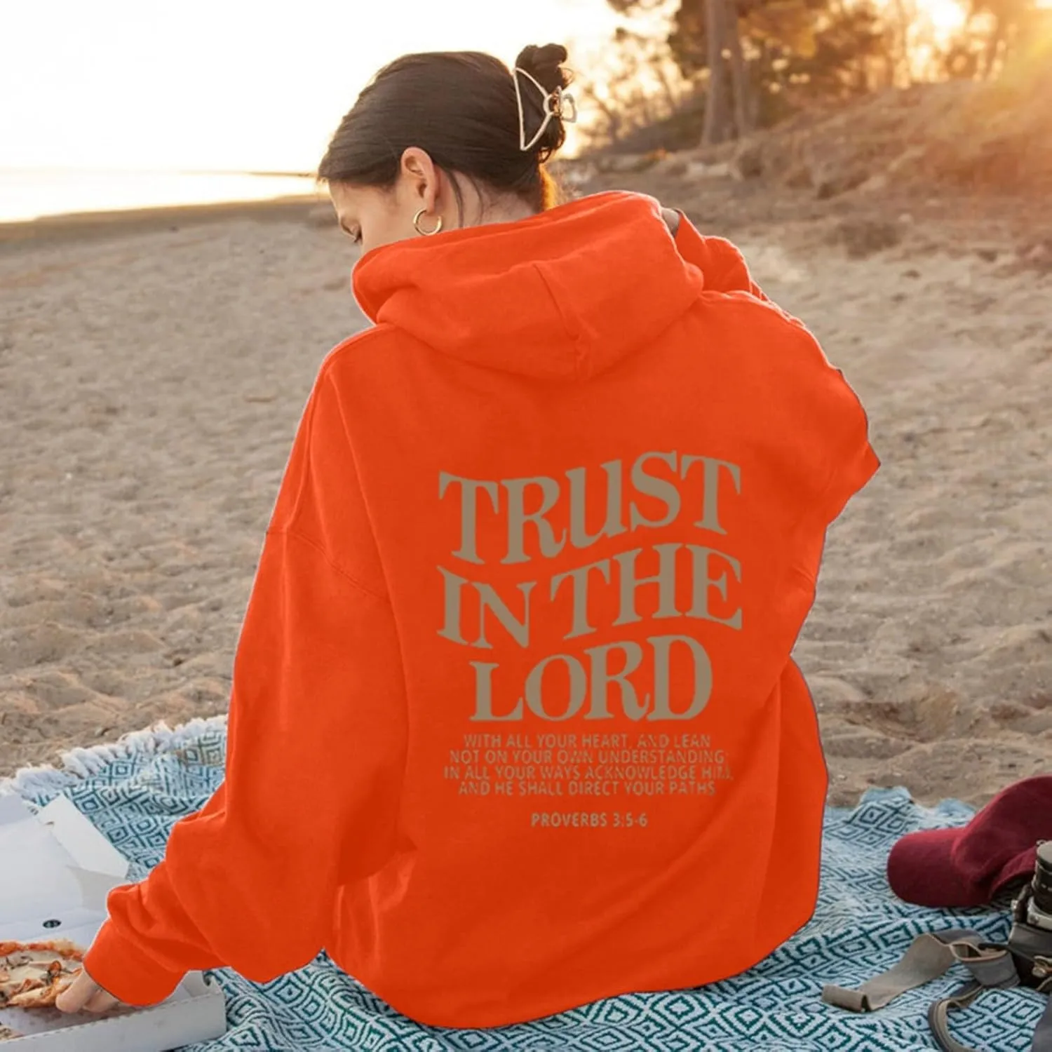 Trust in The Lord Letter Print Fashion Hoodies & Sweatshirts for Women Oversize Pullover with Kangaroos Pocket Drawstring Top