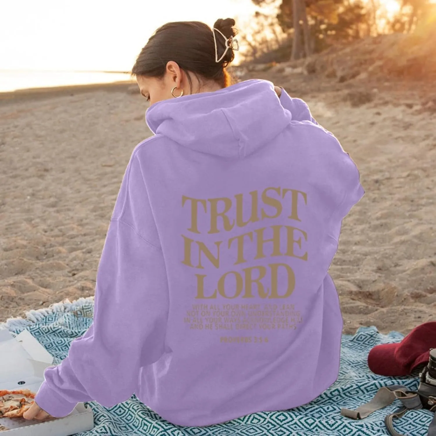 Trust in The Lord Letter Print Fashion Hoodies & Sweatshirts for Women Oversize Pullover with Kangaroos Pocket Drawstring Top