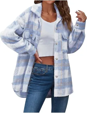 tuduoms Women's Fuzzy Wool Blend Long Jacket Plaid Shacket Brushed Flannel Shirt Jacket Vintage Long Wool Blend Tartan Coat